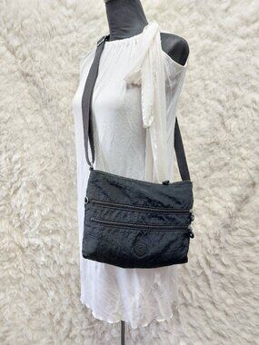 Kipling Black Alvar Crossbody Bag Nylon Multi Zip Messenger Travel Sling